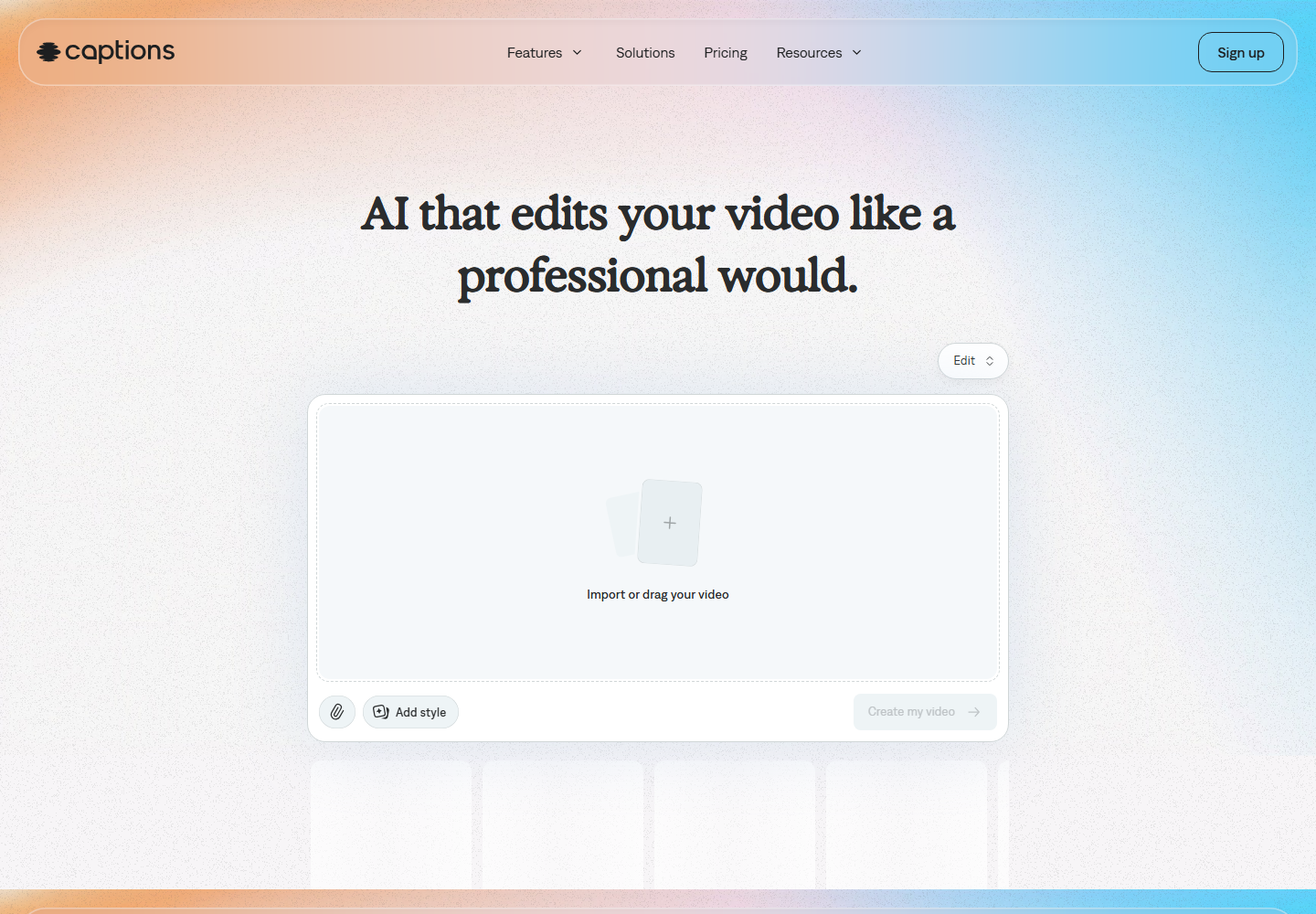 Captions.ai homepage screenshot for short-form video team comparison
