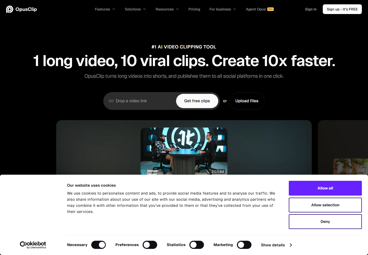OpusClip homepage screenshot for caption and clipping workflow