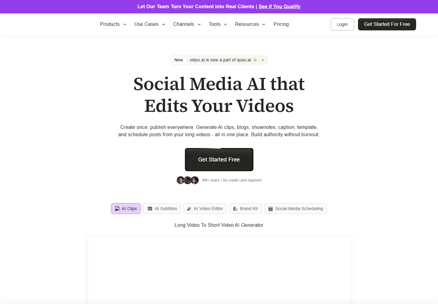 vidyo.ai homepage screenshot for caption and clipping workflow