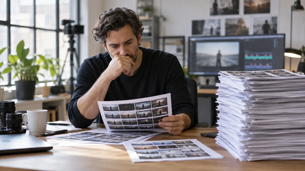 Conceptual photograph of creative director reviewing a small stack of video contact sheets with a large untouched stack nearby.