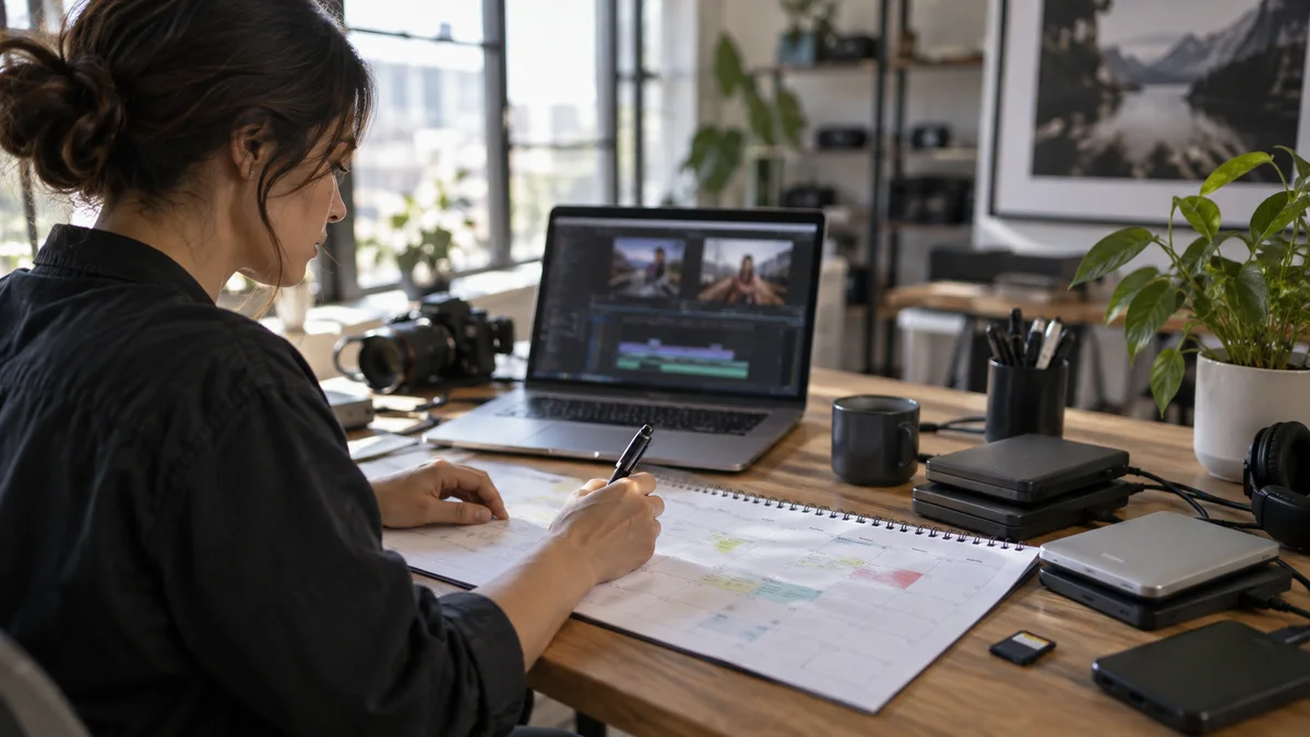 Conceptual photograph of producer measuring a monthly recording schedule beside external drives and a laptop.