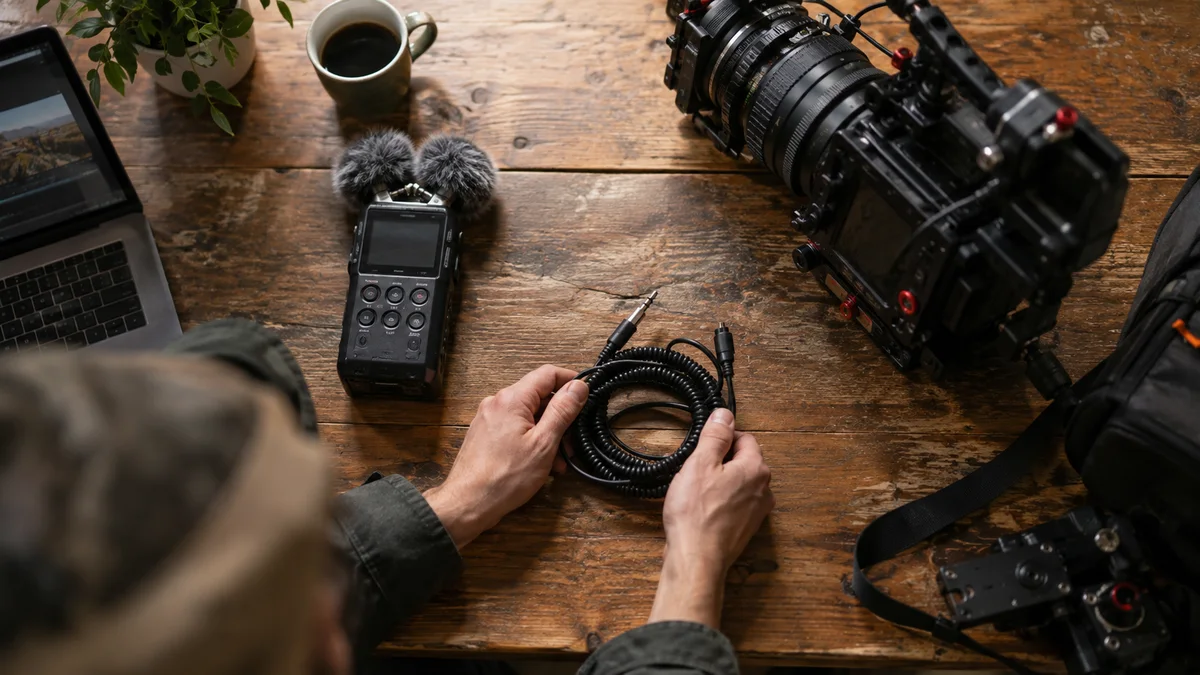 Audio recorder and camera on a desk with a synchronization cable.