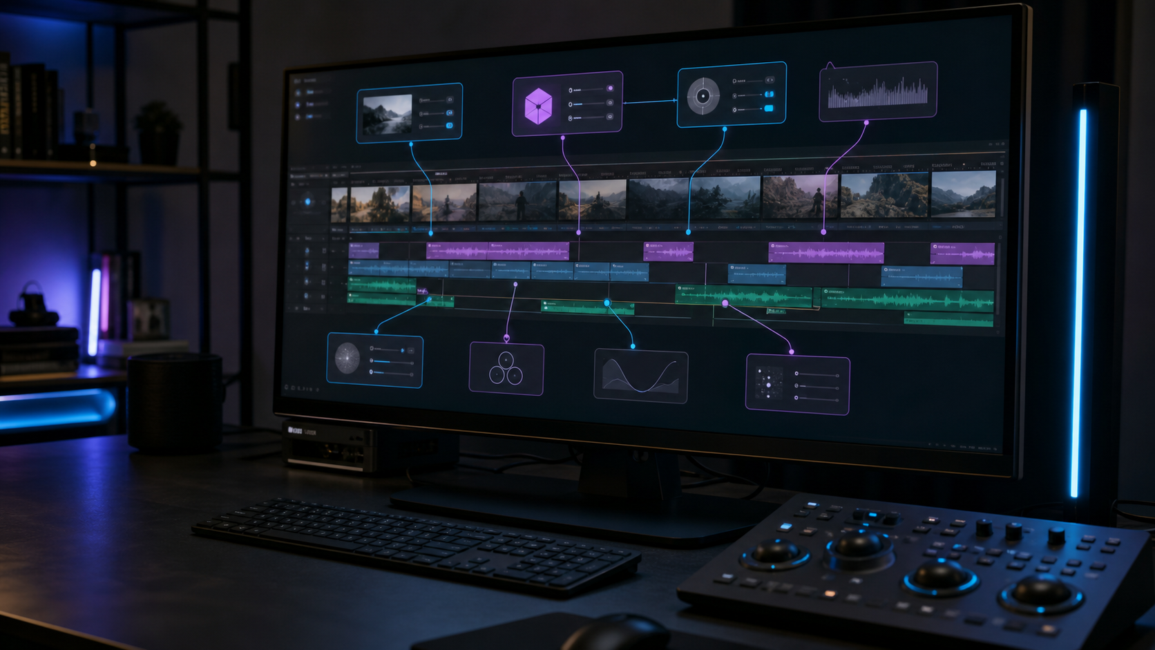 Photorealistic editing workstation with automated Premiere Pro style timeline tasks and plugin workflow overlays.
