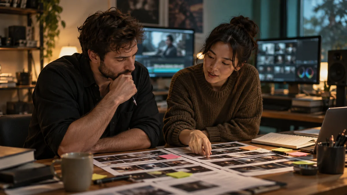 Two editors reviewing camera choices and revision notes