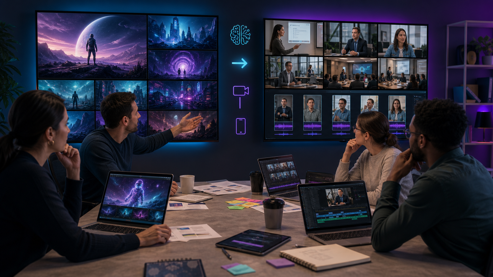 Marketing team comparing AI video workflows for social clips, webinars, and campaign assets