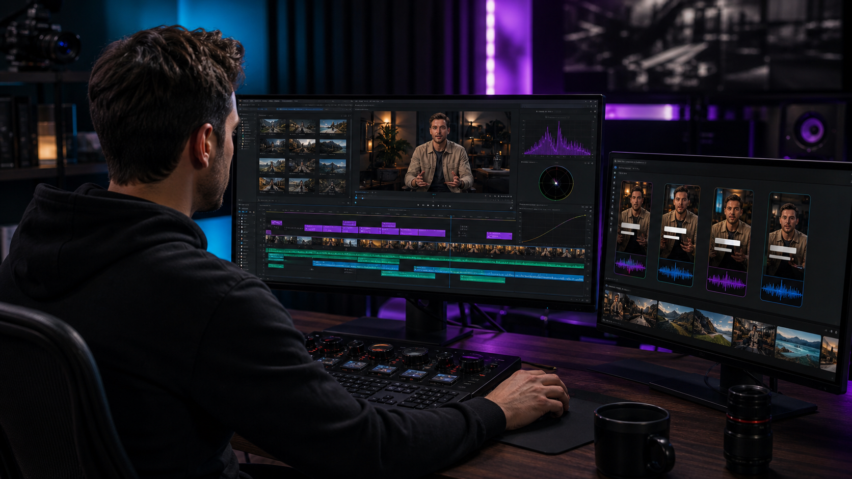 Professional video editor comparing built-in AI workflows across editing tools
