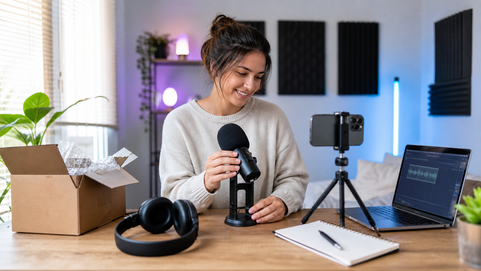 Beginner podcast editor comparing audio editing software on a laptop