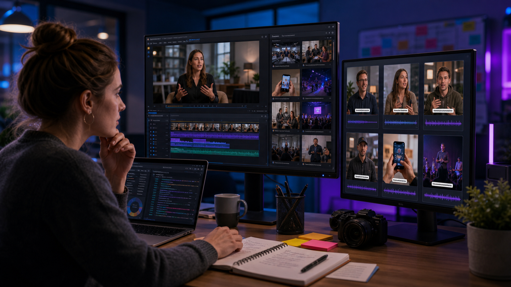 Video marketer comparing real footage repurposing tools for social clips