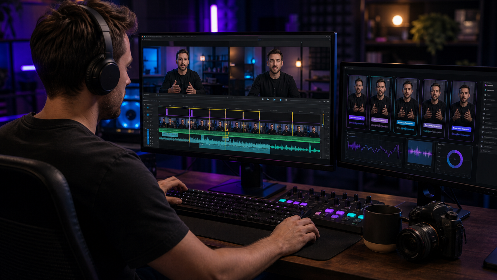 Video editor cleaning up a talking-head recording with AI editing tools and captions