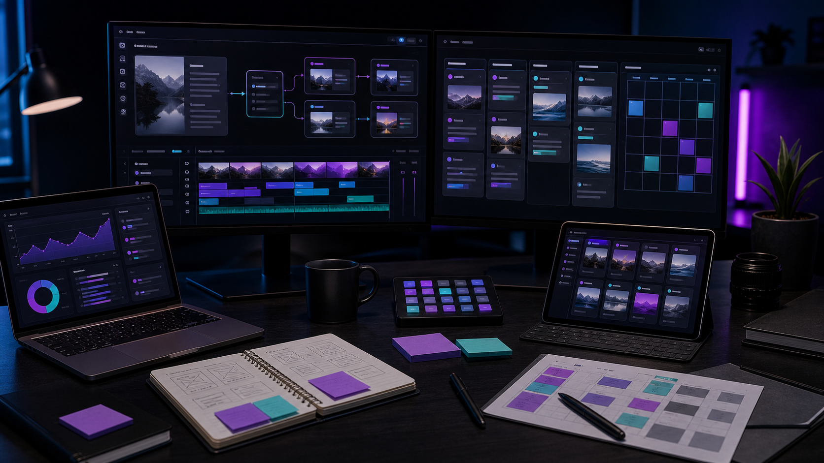 Creator desk with AI-assisted content repurposing dashboards and short video previews
