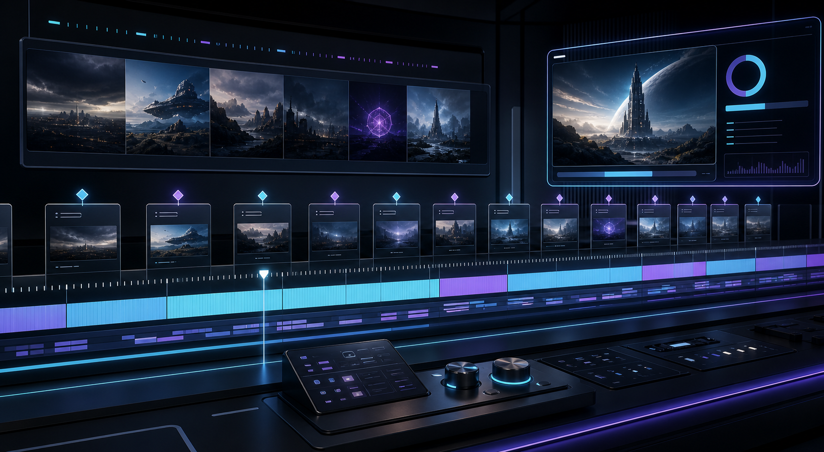 Timeline showing multiple AI-generated scenes combined into a longer video