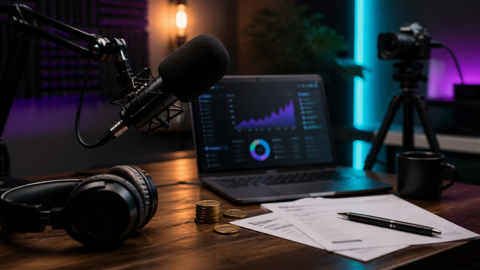 Podcast host reviewing monetization options and audience metrics