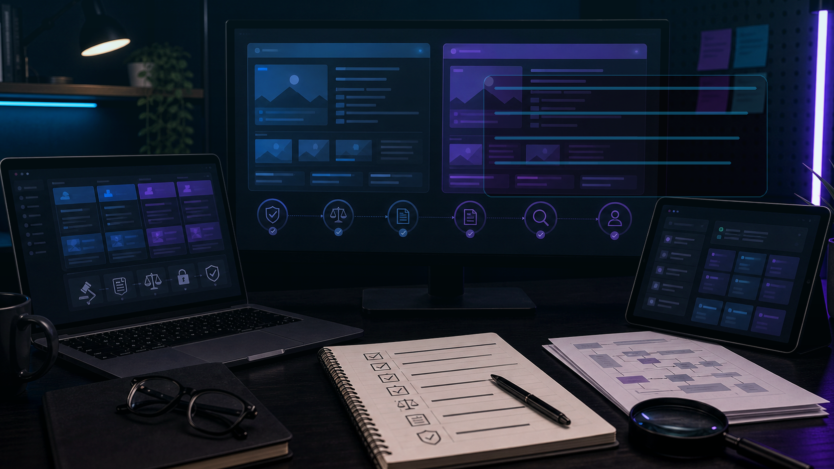 Marketing workstation with legal notes and content comparison boards on dark screens