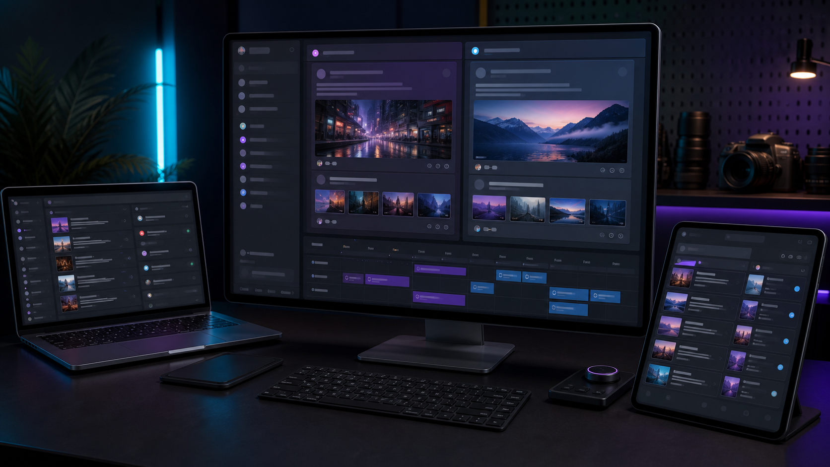 Photorealistic social media workstation comparing Facebook and LinkedIn content previews on dark graphite screens.