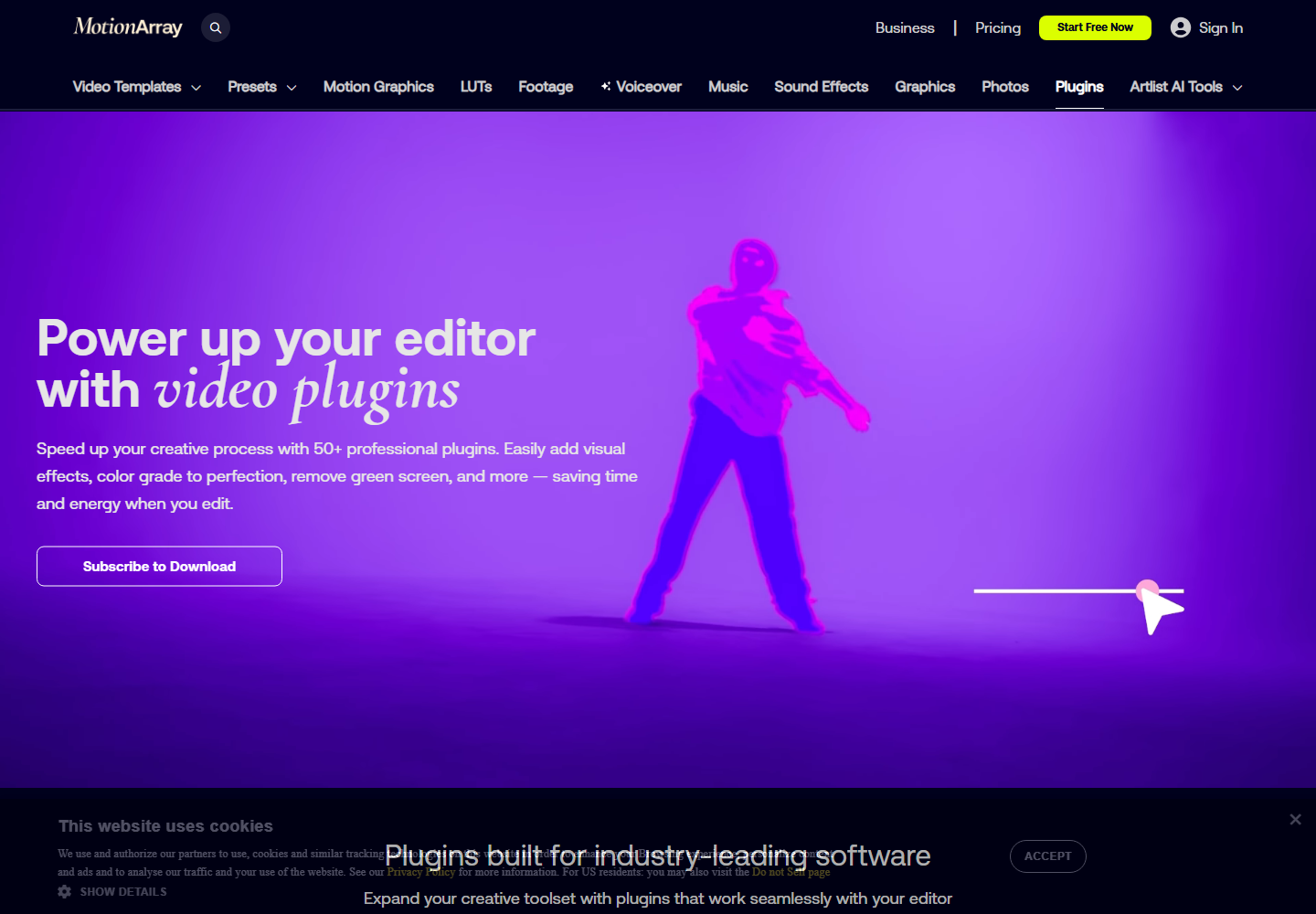 Motion Array homepage screenshot for Premiere Pro plugin comparison
