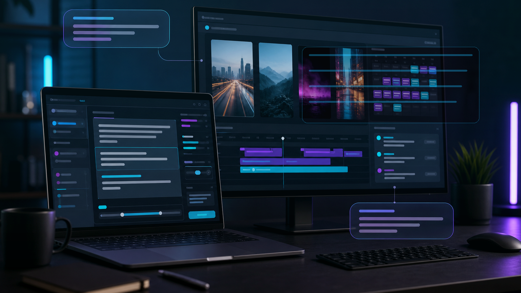 Photorealistic workstation comparing fresh content formats with an archive reuse workflow.