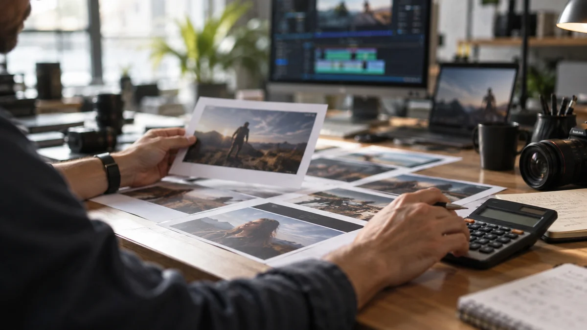 Conceptual photograph of calculator beside selected printed video frames on an agency editor desk.