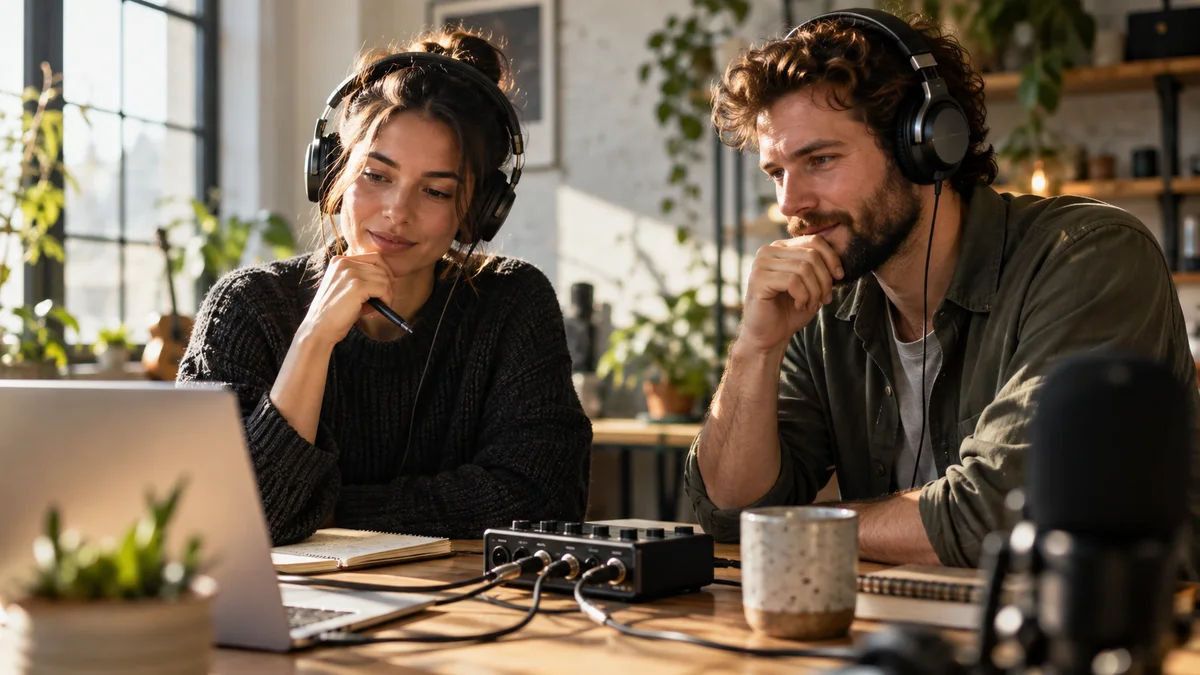 Two producers reviewing an interview with headphones and an audio interface.