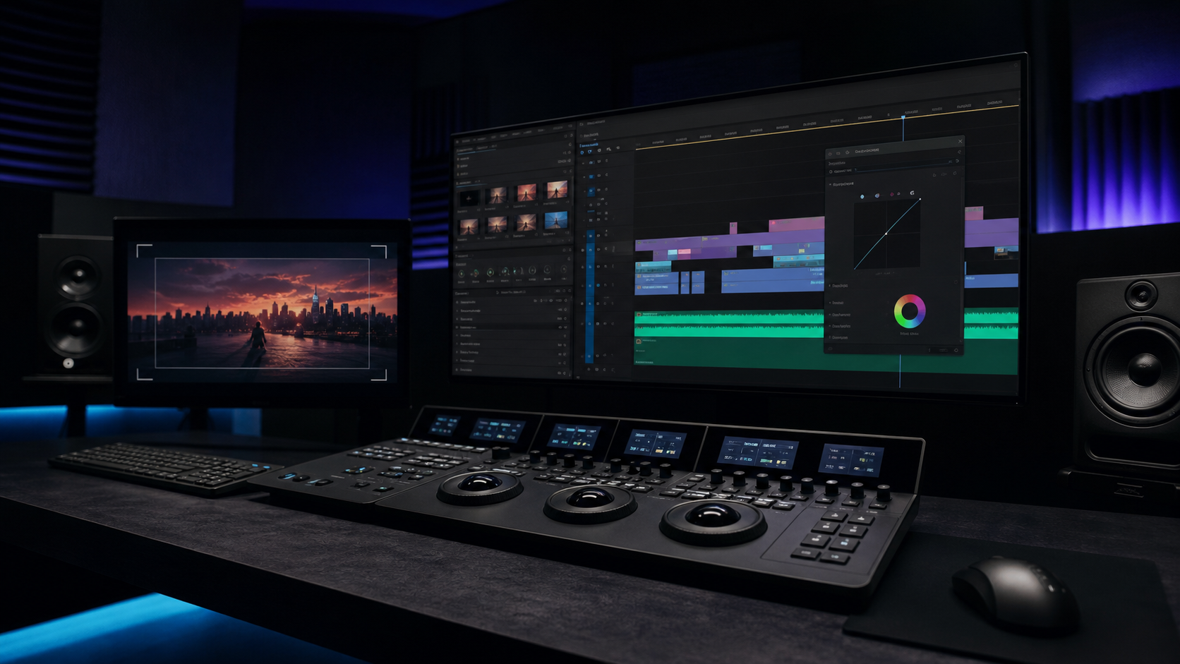 Photorealistic professional edit suite with multiple monitors showing plugin-assisted Premiere Pro style timelines.