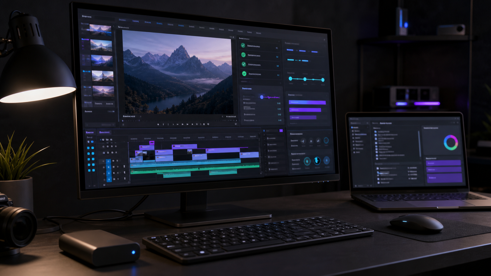 Photorealistic editor desk showing a plugin evaluation checklist beside a Premiere Pro style timeline.