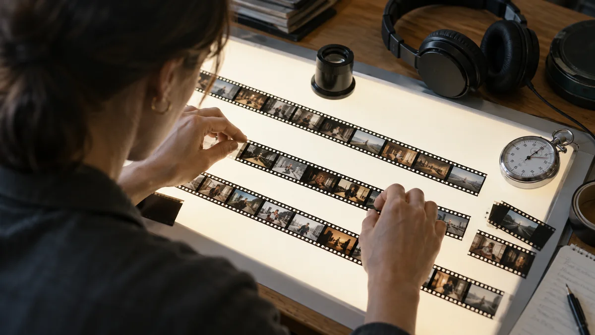 Film editor aligning film strips on a light table