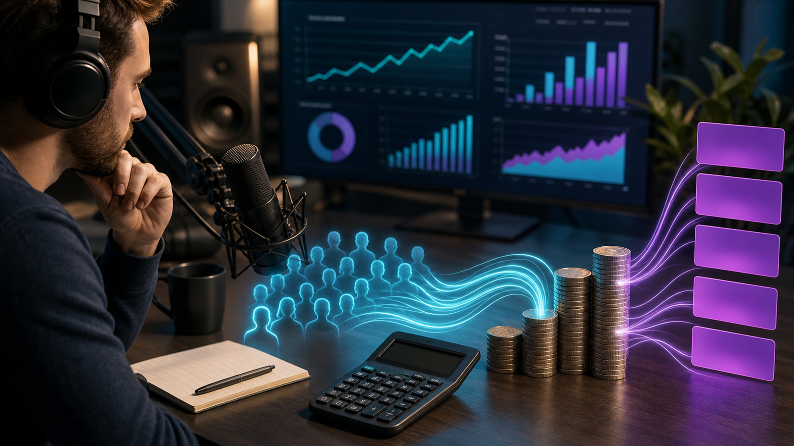 Podcast revenue dashboard showing 10000 listeners, sponsorships, subscriptions, clips, and products