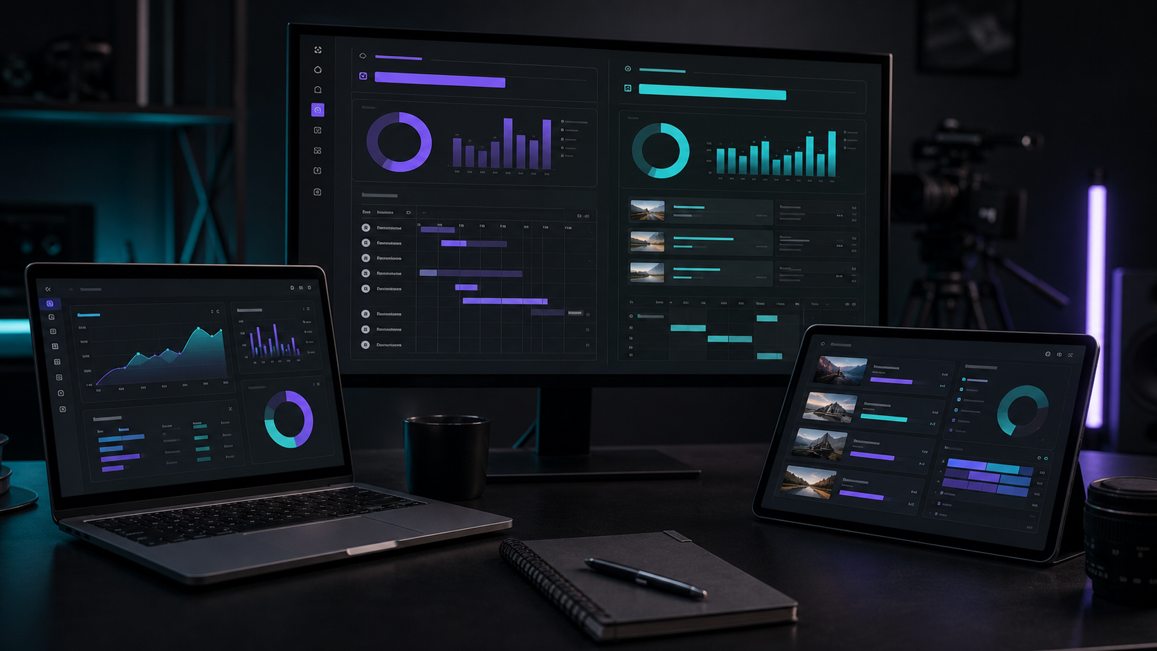 Photorealistic marketing budget workstation with cost dashboard, video timeline, and repurposed content calendar on dark screens.