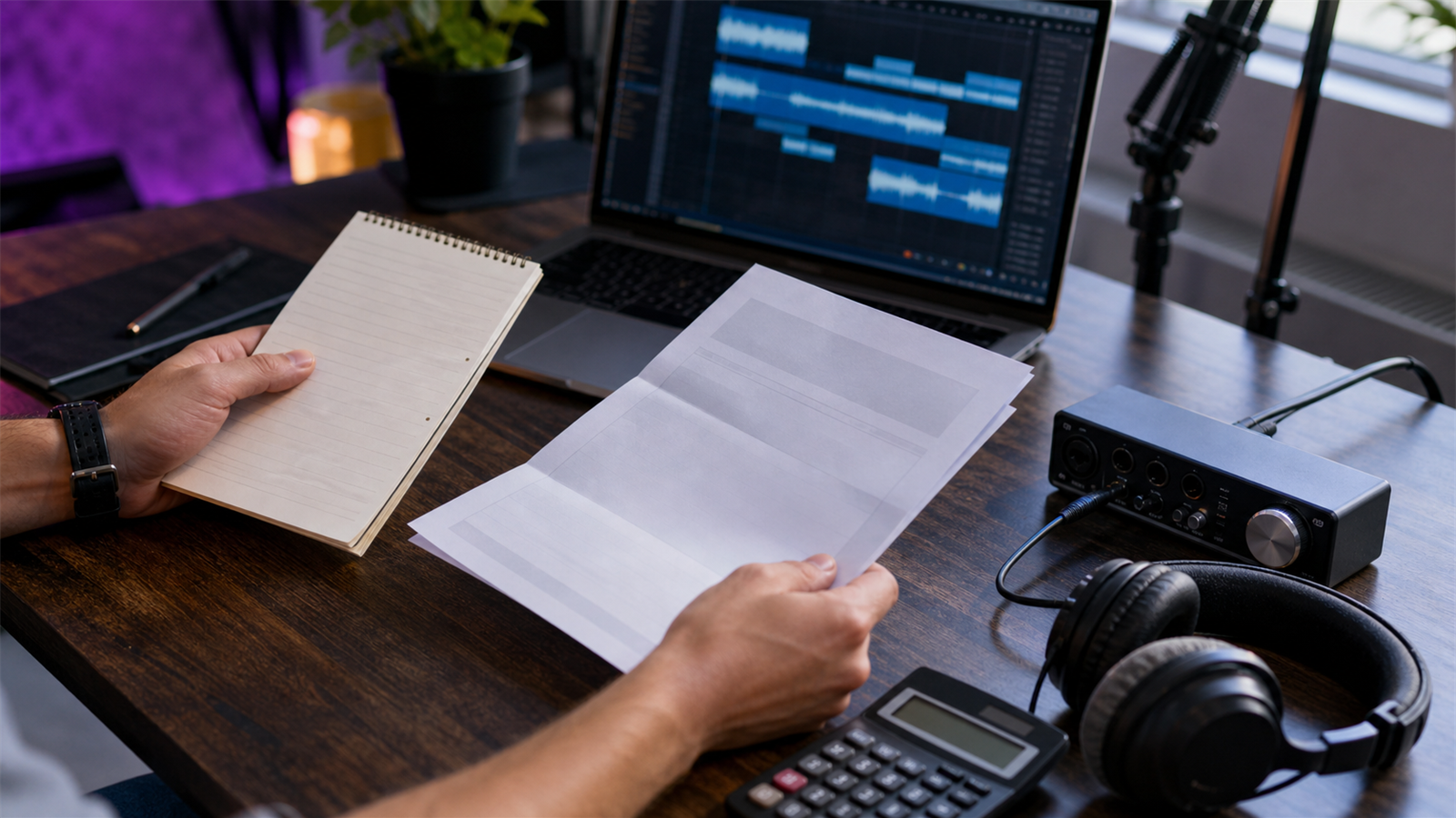 Podcast editing quote with audio tracks, invoice line items, and production notes