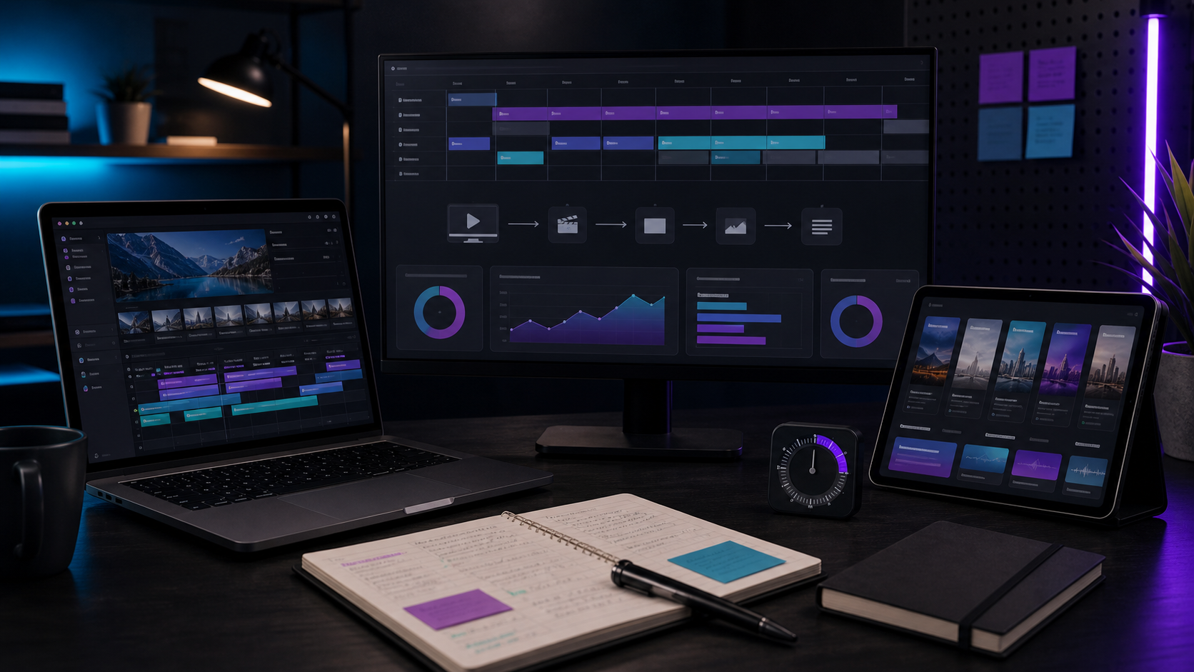 Dark creator workstation showing a calendar and saved production hours from repurposed content