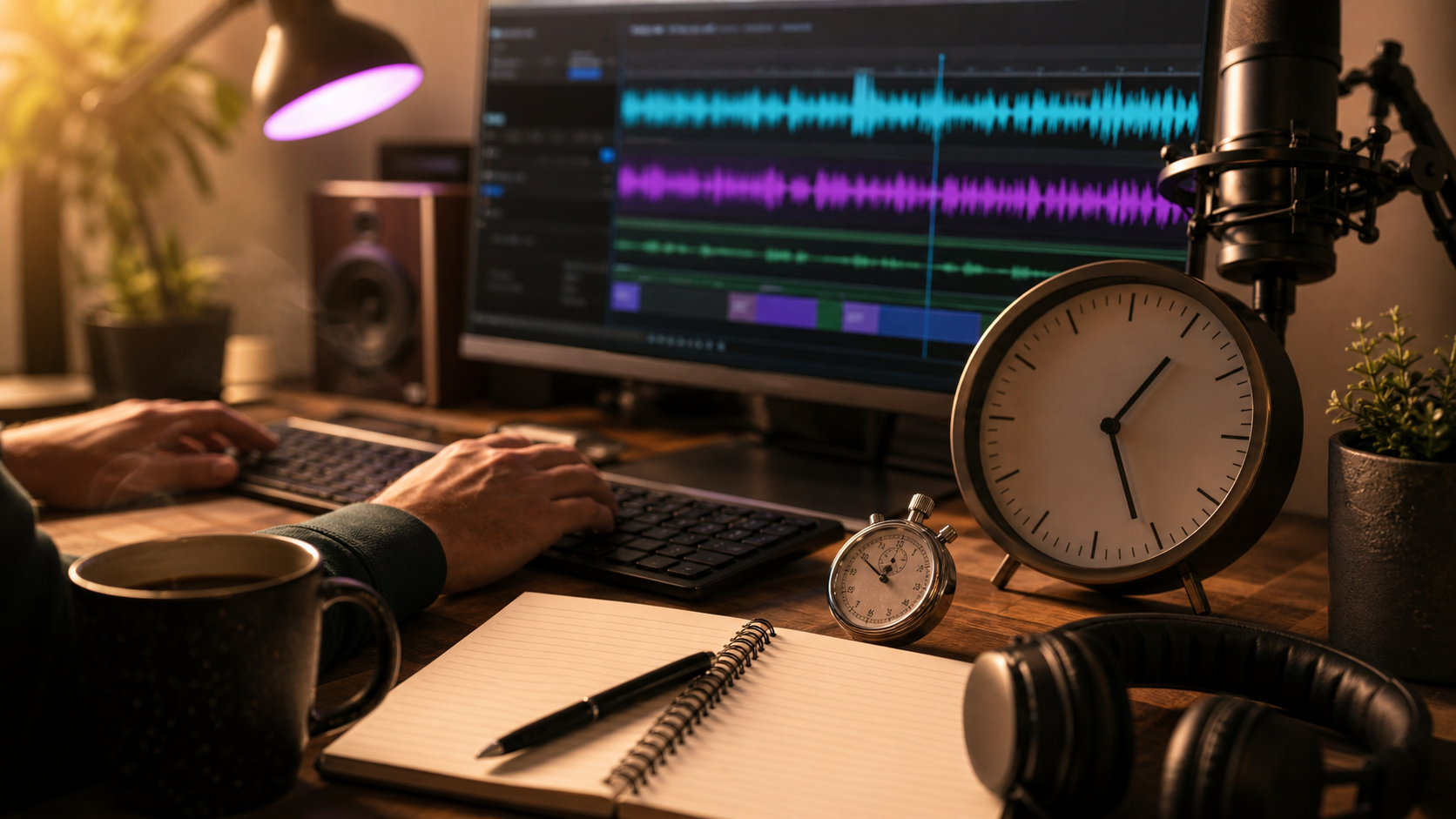 Podcast editing timeline showing episode length, cleanup, clips, and publishing tasks