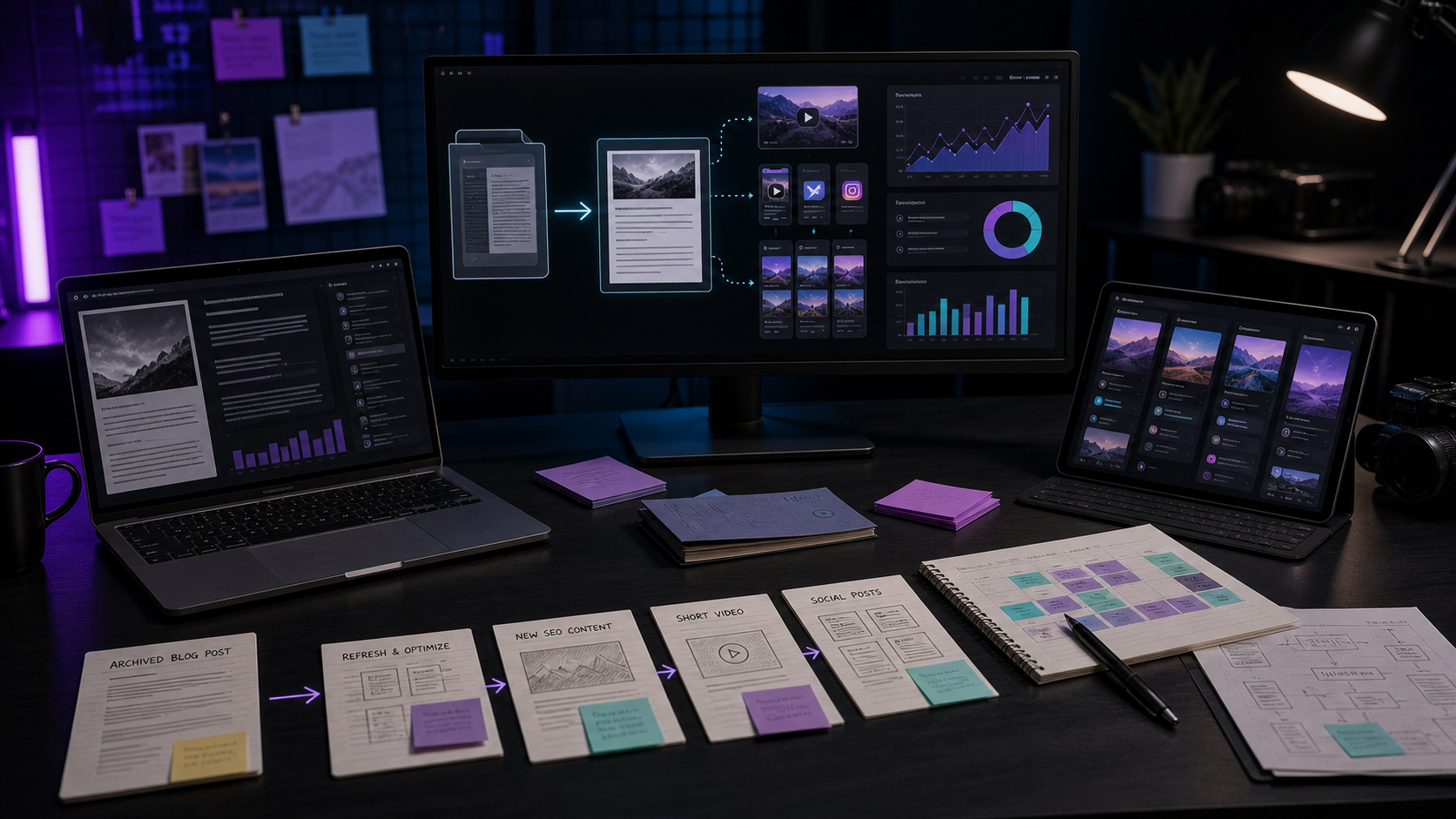 Photorealistic marketing workstation with recurring content schedule blocks and social clip previews.