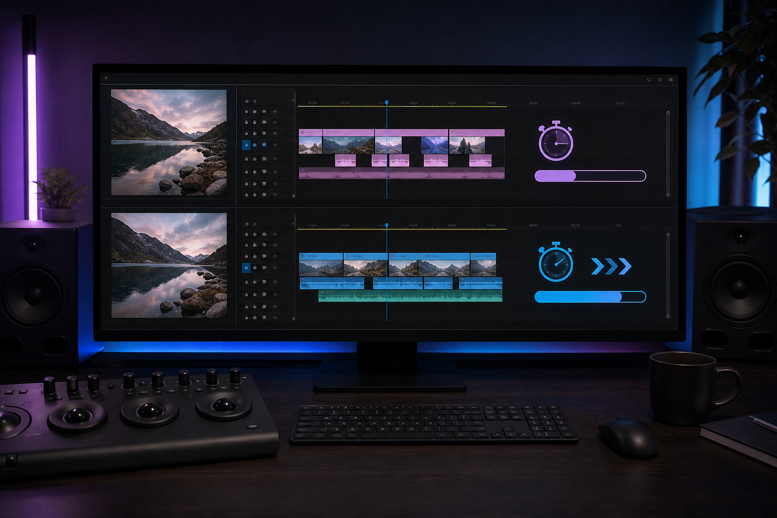Cinematic editing workstation with deadline timeline overlays and Premiere Pro style panels