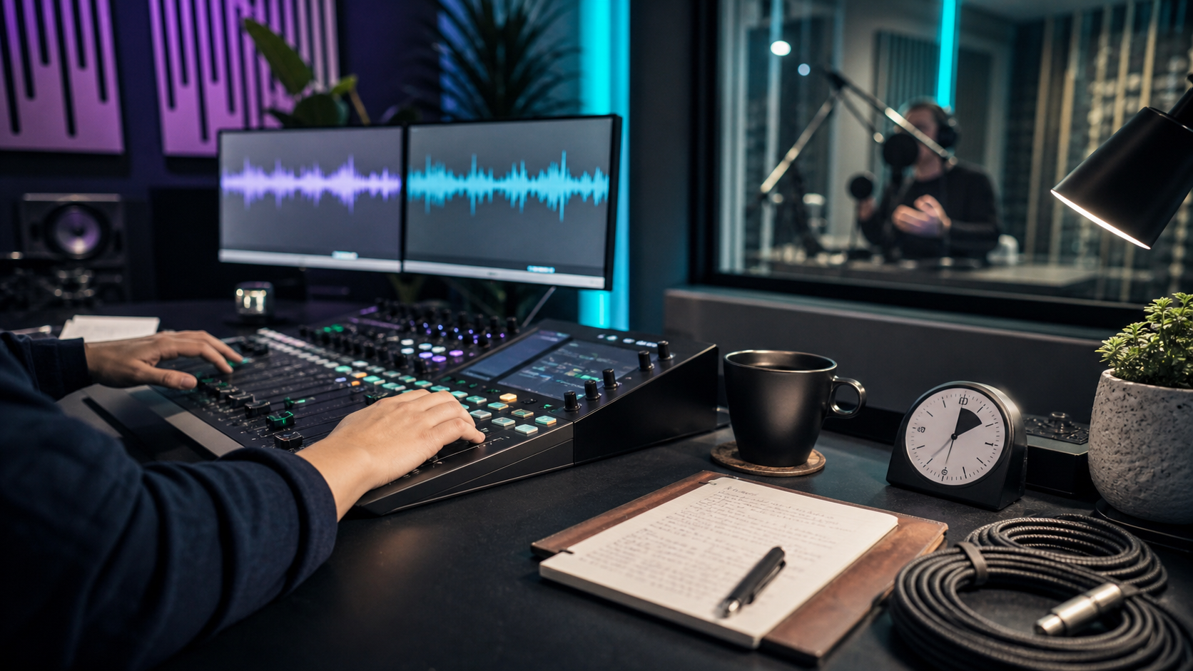Podcast producer managing an episode timeline, show notes, clips, and publishing checklist
