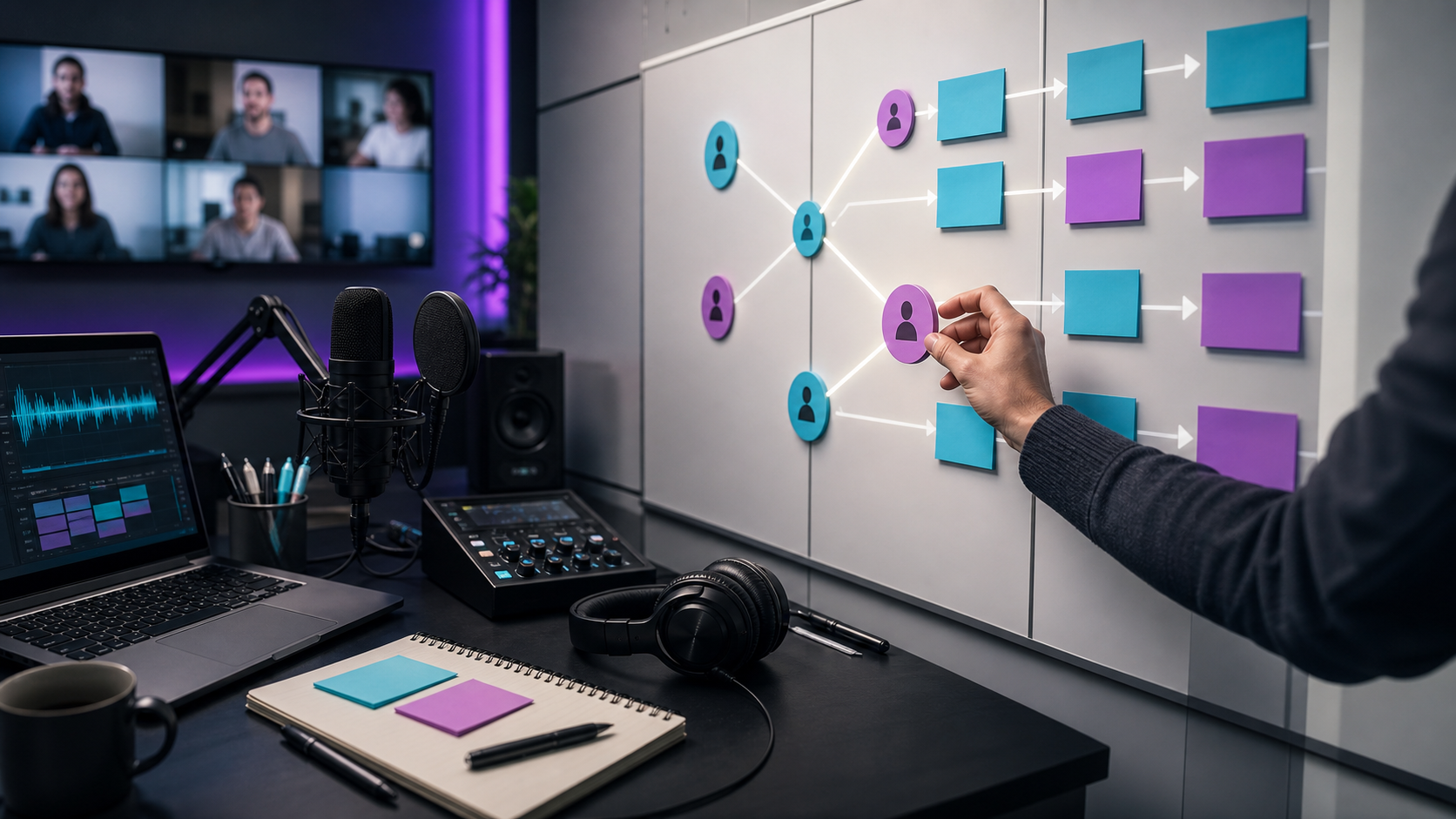 Podcast production team workflow with strategy, recording, editing, publishing, clips, and analytics