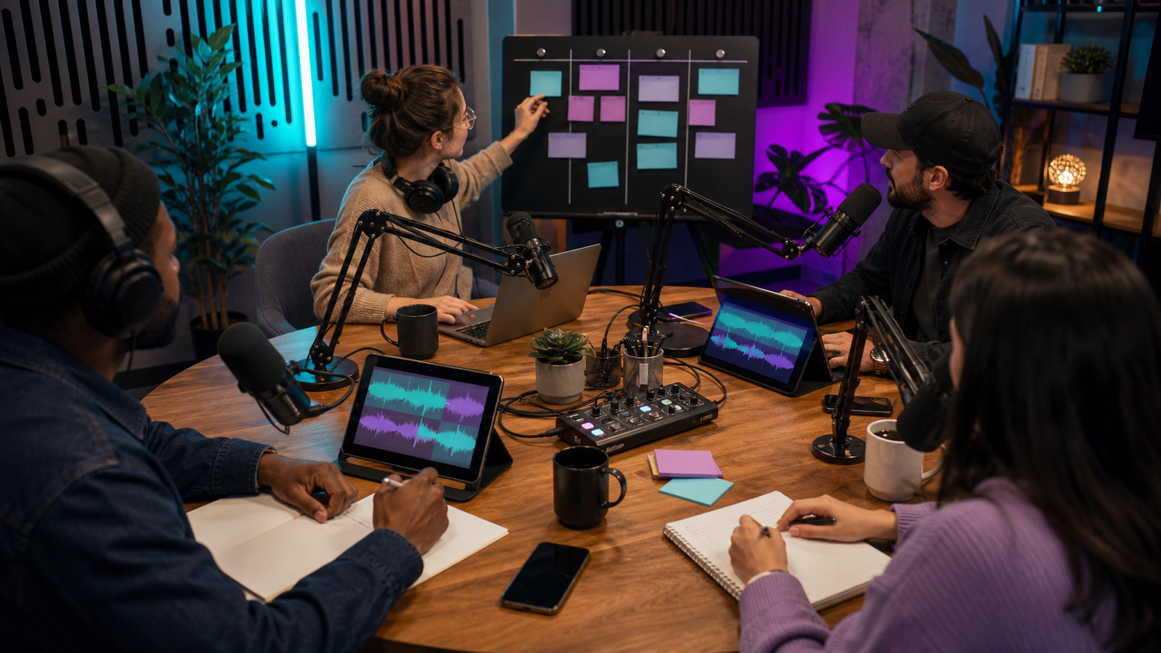 Podcast production team planning episodes, editing audio, creating clips, and publishing content