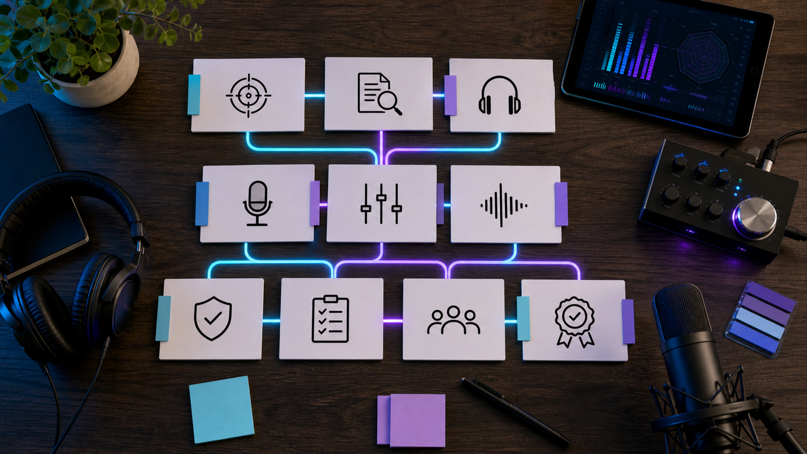 Podcast quality standards workflow with review steps