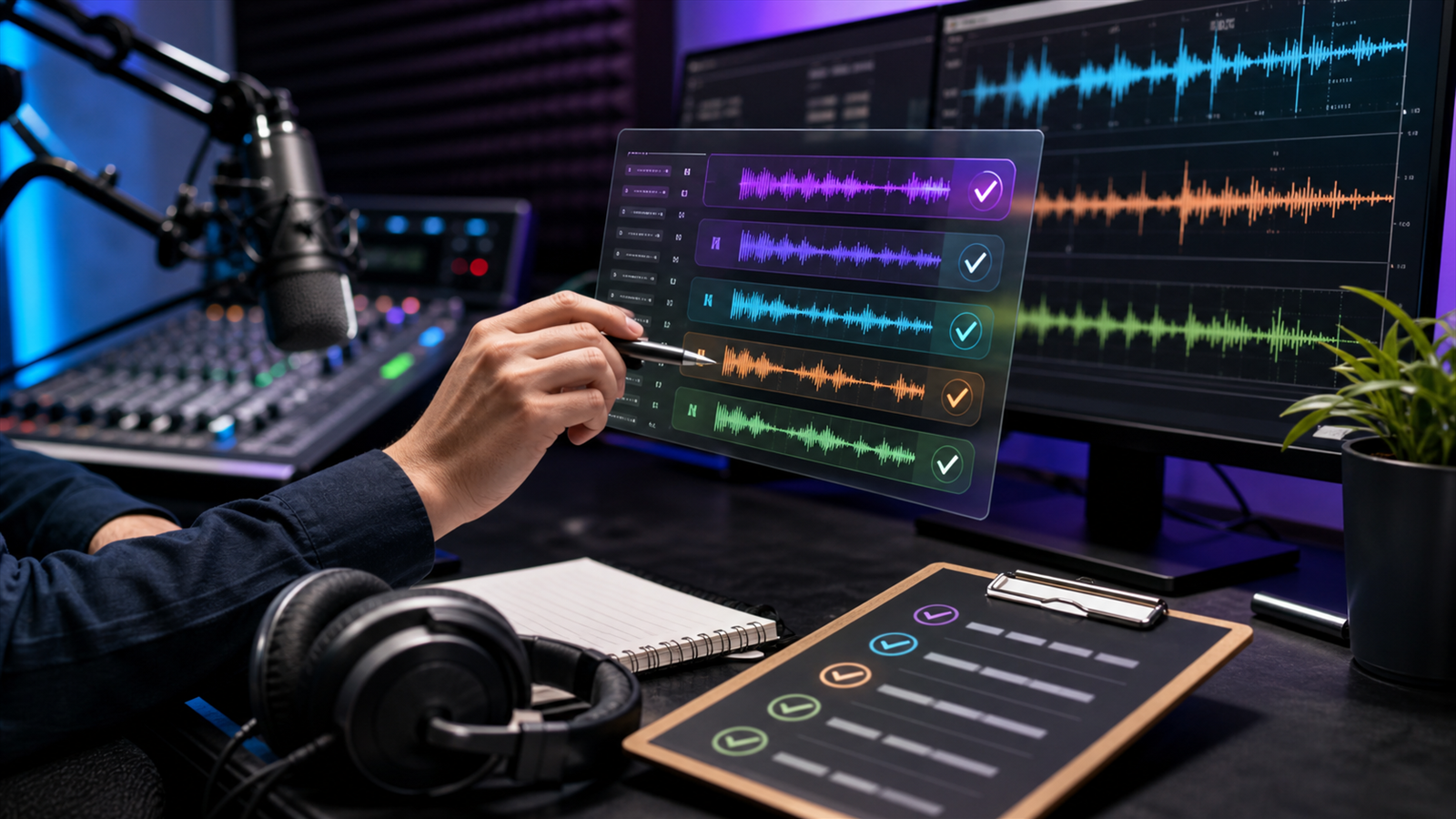 Podcast production checklist with audio levels, episode structure, and publishing standards