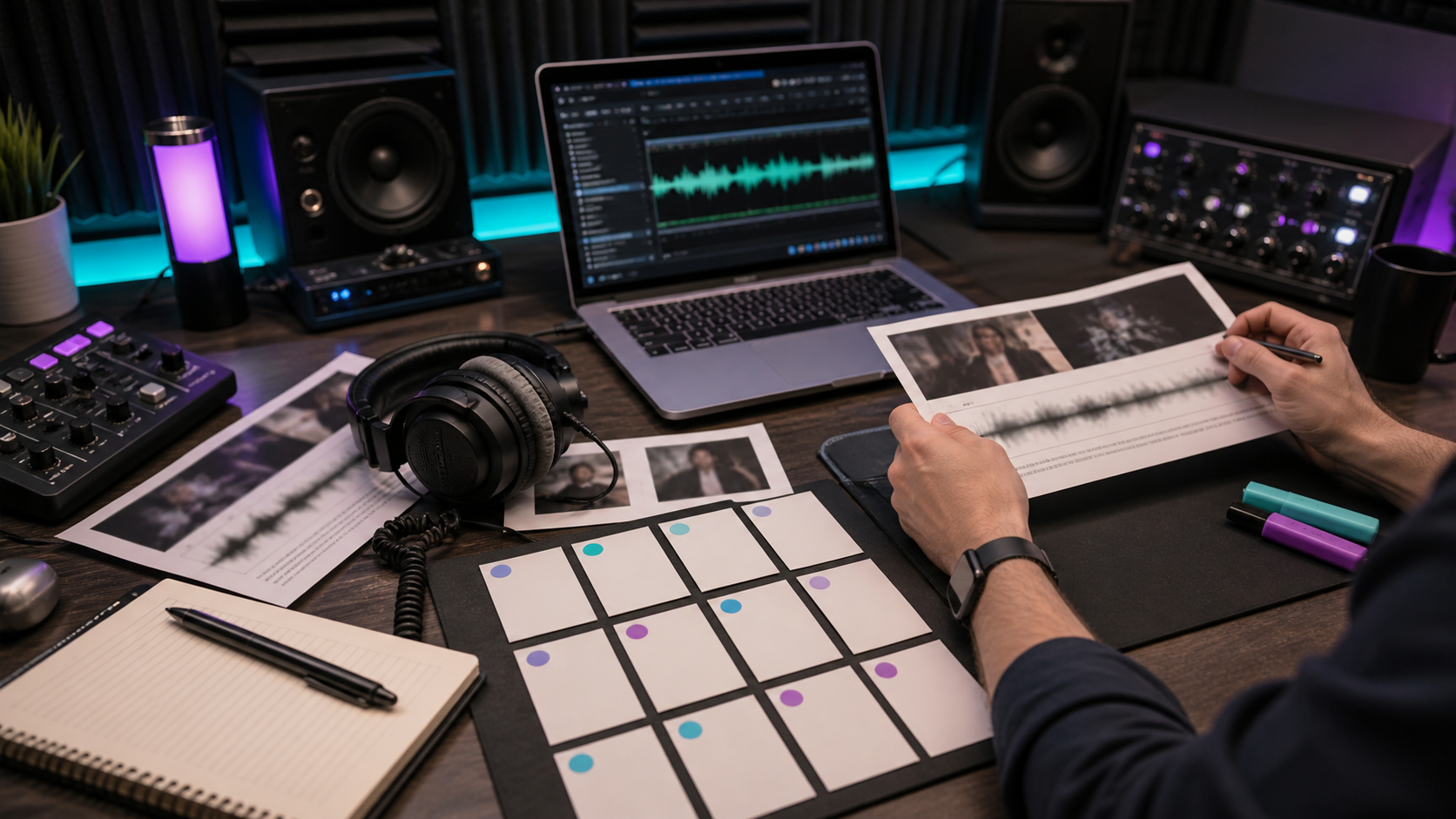 Podcast editor portfolio review with audio waveforms and episode samples
