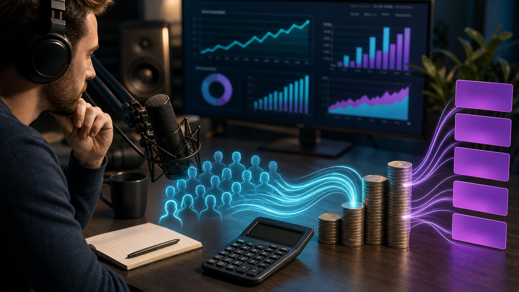 Podcast manager planning production calendar, clips, guests, and growth tasks