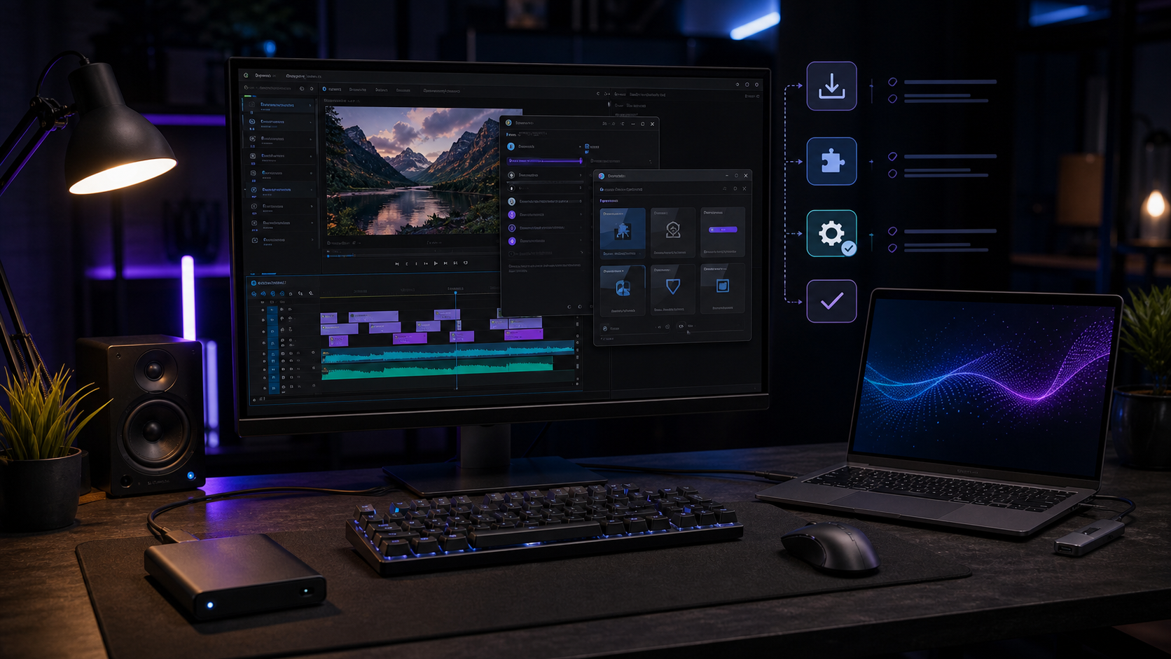 Photorealistic editing workstation showing a Premiere Pro style plugin panel and installation checklist overlays.