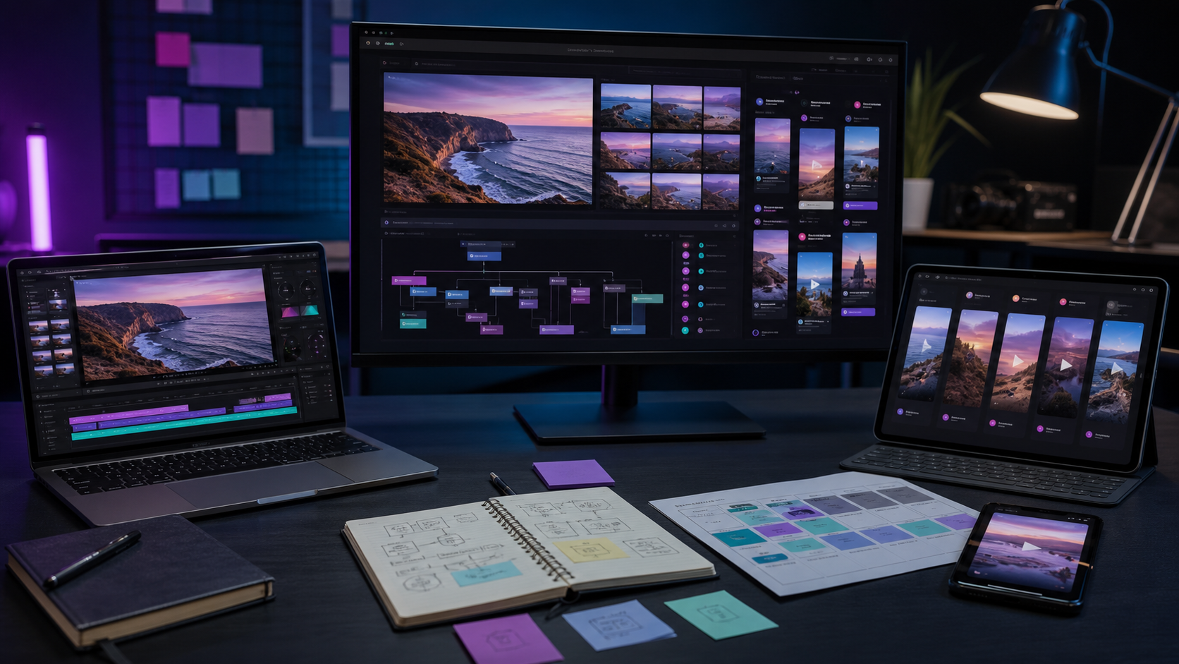 Photorealistic creator workstation showing refreshed short-form content variations on dark screens with cyan and violet accents.