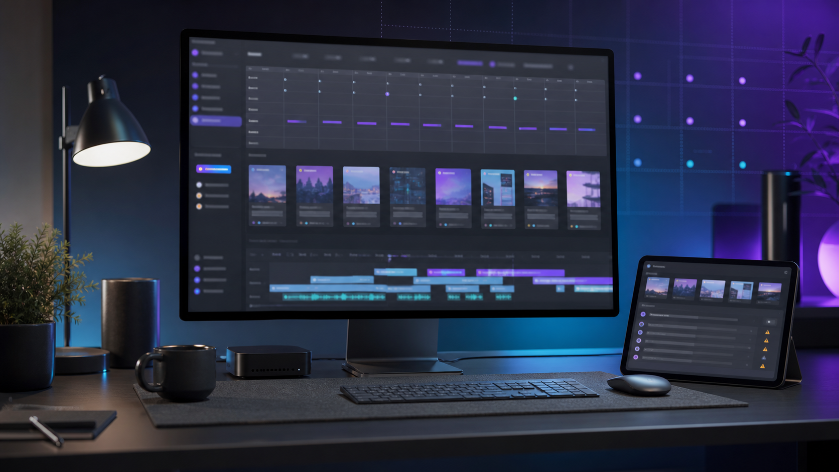 Dark B2B marketing desk showing a case study transformed into video timelines, social cards, and content formats.