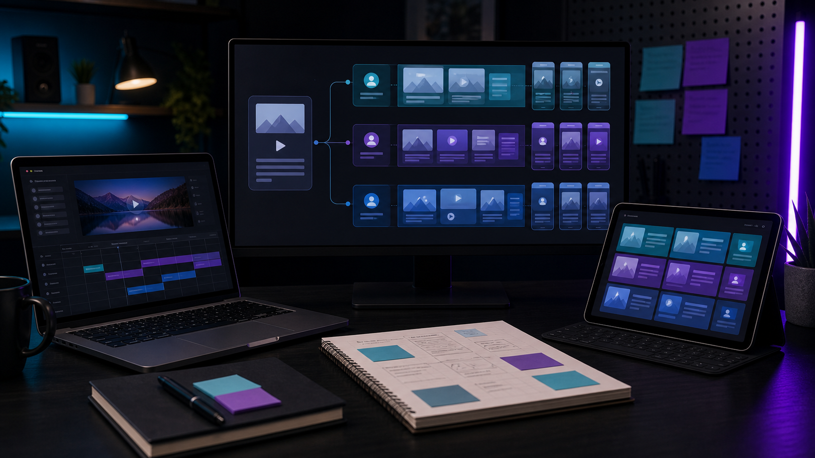 Creator workstation showing segmented audience boards and platform-specific content previews