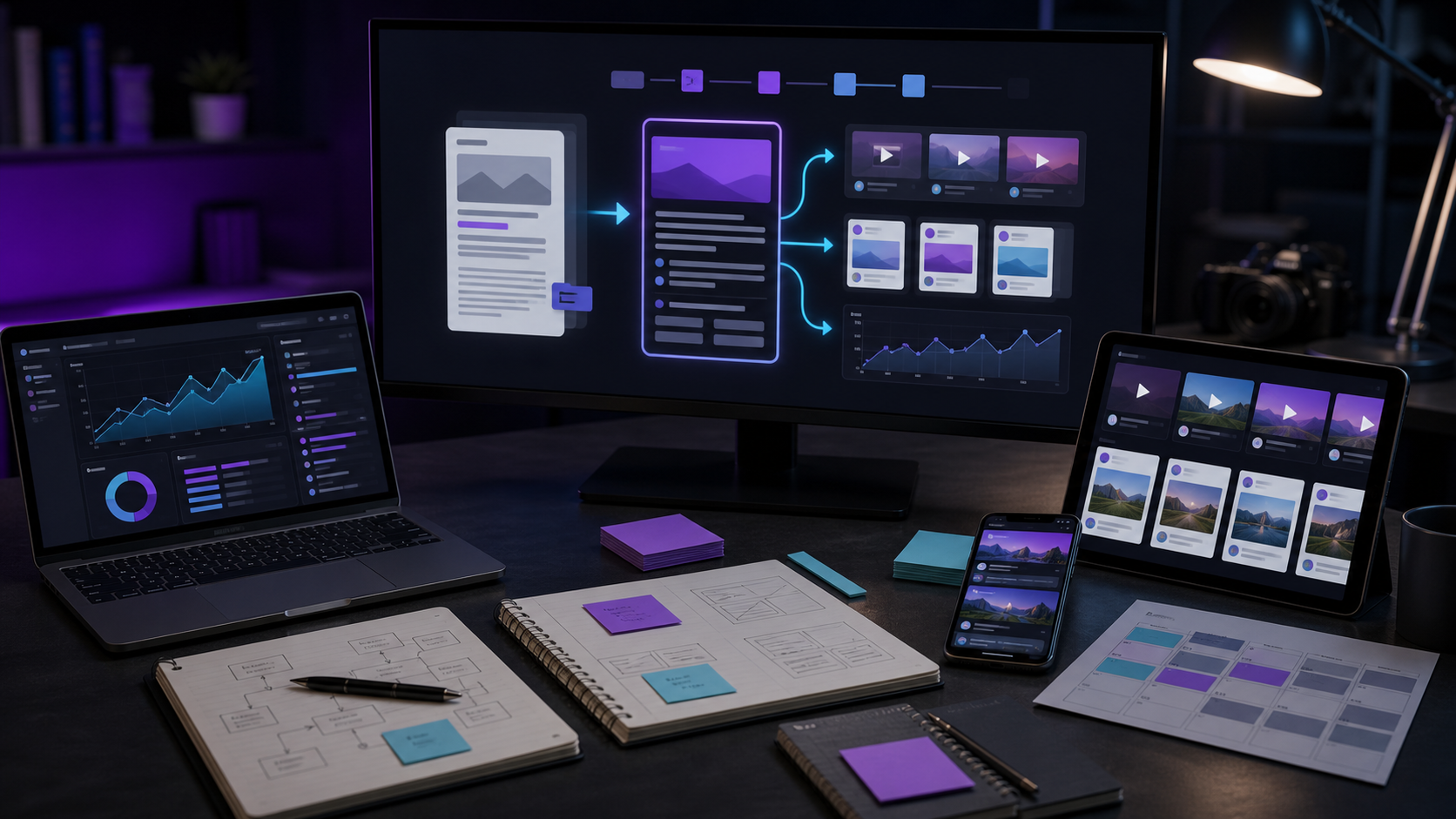 Photorealistic content strategy desk with blog analytics, refreshed post drafts, and social previews on dark graphite screens.