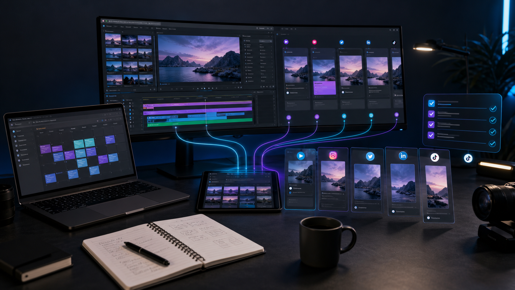 Dark creator workstation showing community content being organized into social previews and short-form video clips.