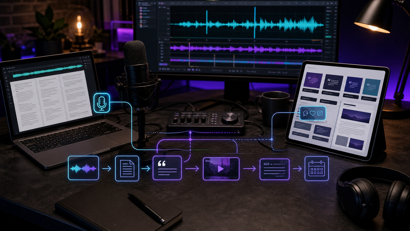 Podcast editing desk with transcript, blog draft, audio timeline, and social content previews