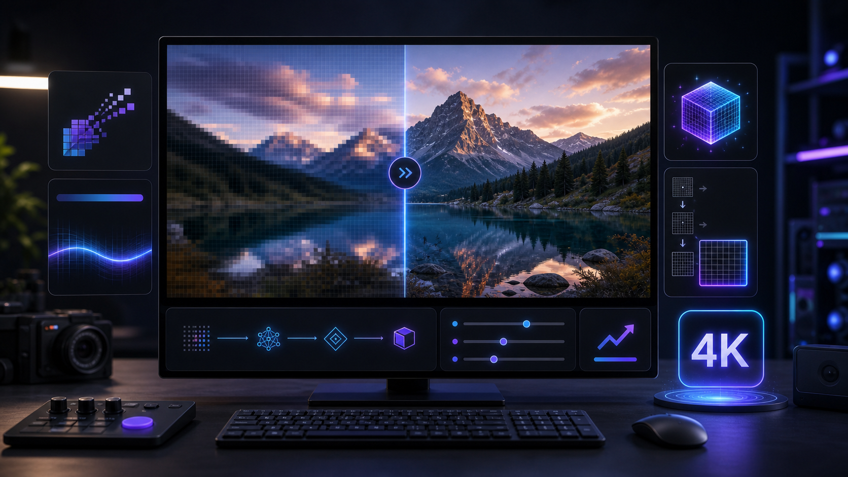 AI-generated video being upscaled to 4K with sharpness and export controls