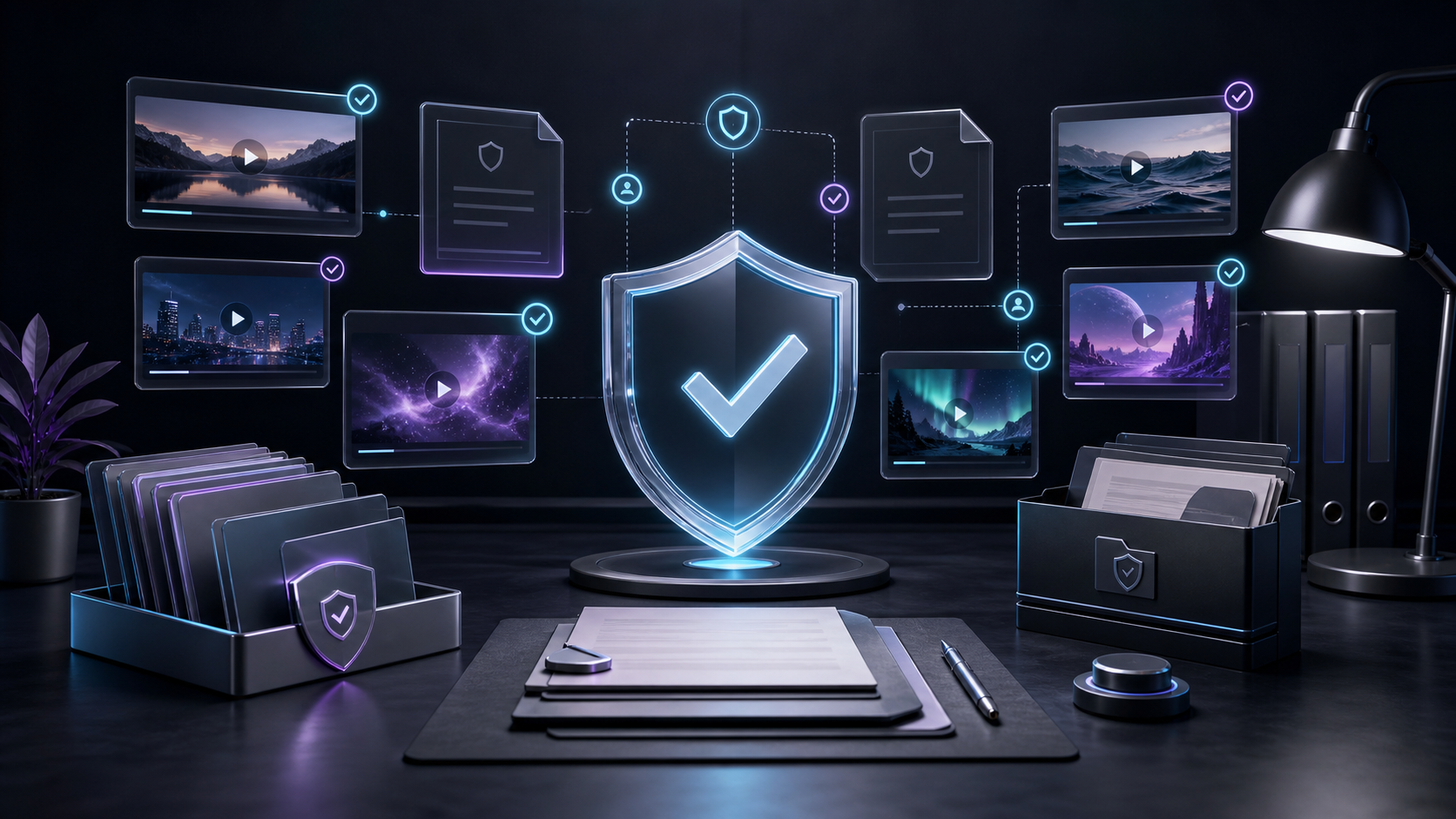 AI video creator reviewing copyright, likeness, and licensing notes before publishing
