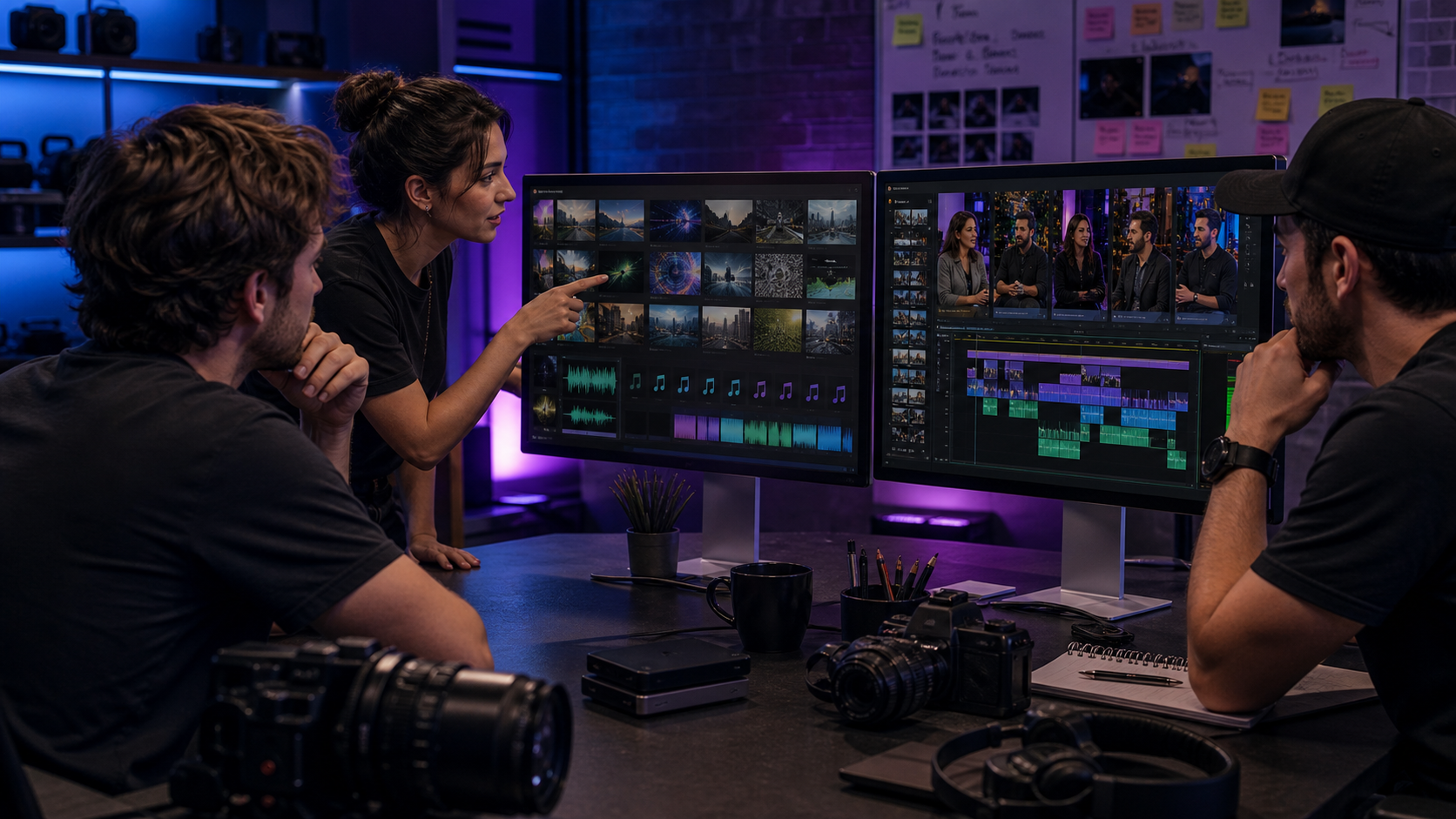 Video production team comparing Motion Array, Znippet, and production workflow tools