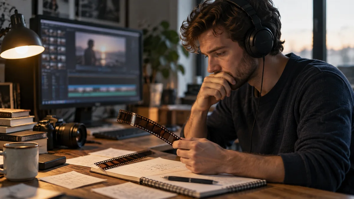A thoughtful editor wearing headphones with two physical film strips and handwritten timecode notes
